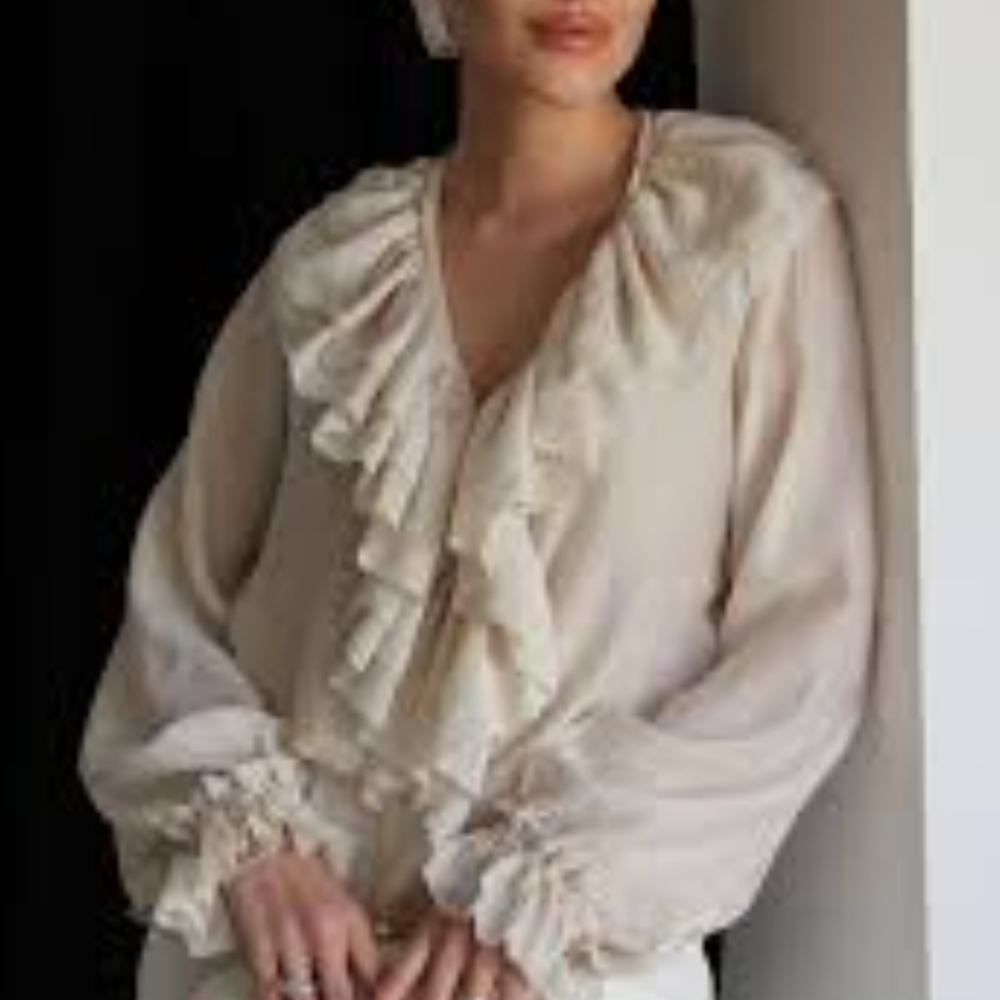 Ashley Stewart Cream Ruffled Long Sleeve Blouse
